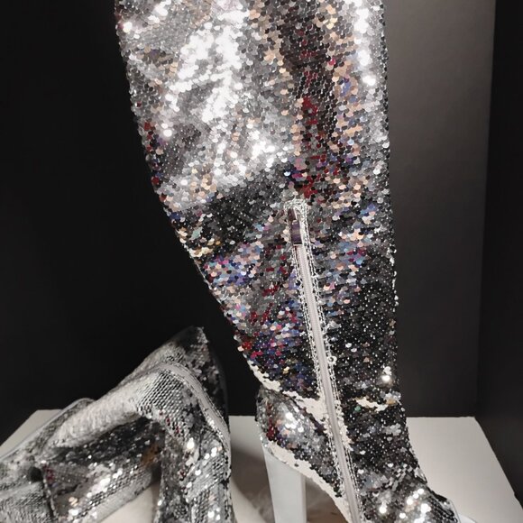 KHPAERMEI Sexy Sparkly Size 8 Thigh High Boots Open Toe Chunky Heel - Picture 7 of 16
